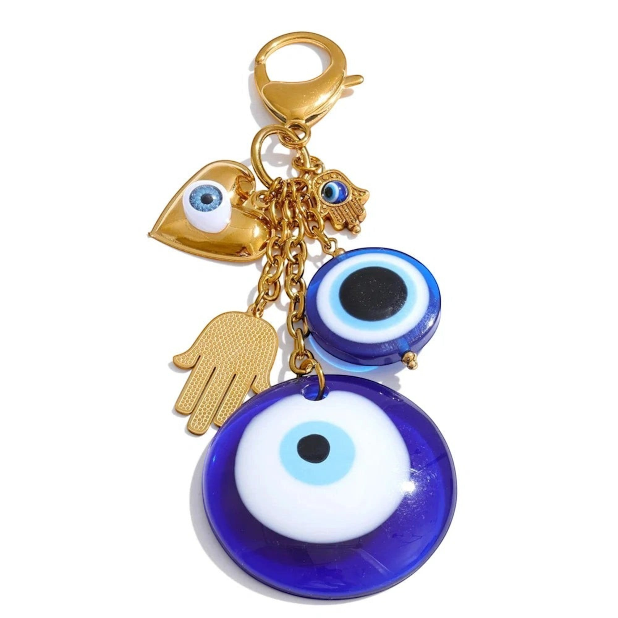 Bee charm keychain with pearl body, white enamel wings, yellow stripes, and rhinestone accents.
