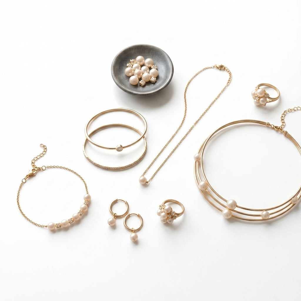 Gold and silver gemstone link bracelets in rainbow colors arranged on a beige textured surface.