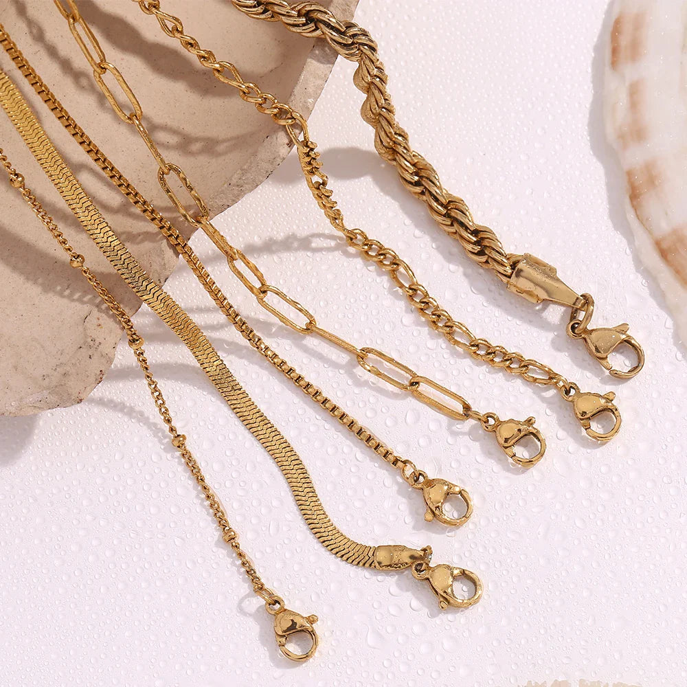 Gold-plated stainless steel bracelets with varied chains and lobster clasps for work, weekend outfits, and occasions.