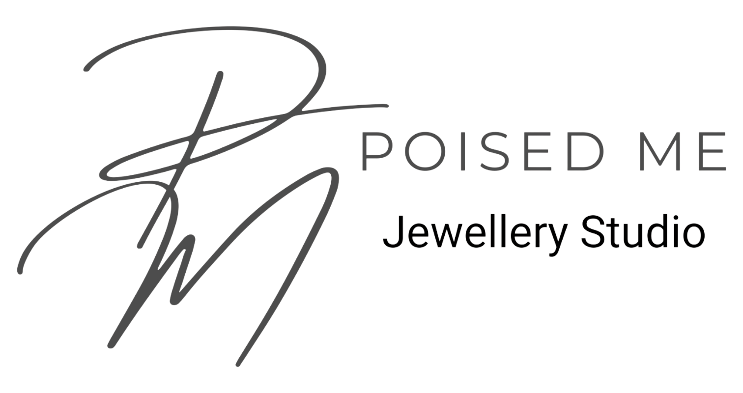 Poised Me Jewellery Studio logo with a cursive monogram and outlined text.
