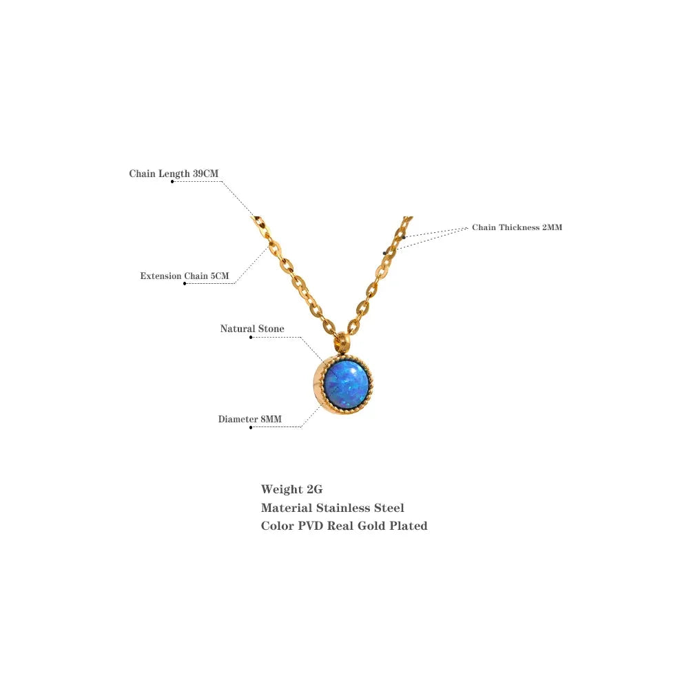 PoisedMe Charm Chic Blue Opal Natural Stone Small Pendant Stainless Steel Gold Color Necklace Waterproof Trendy Jewelry Women New -