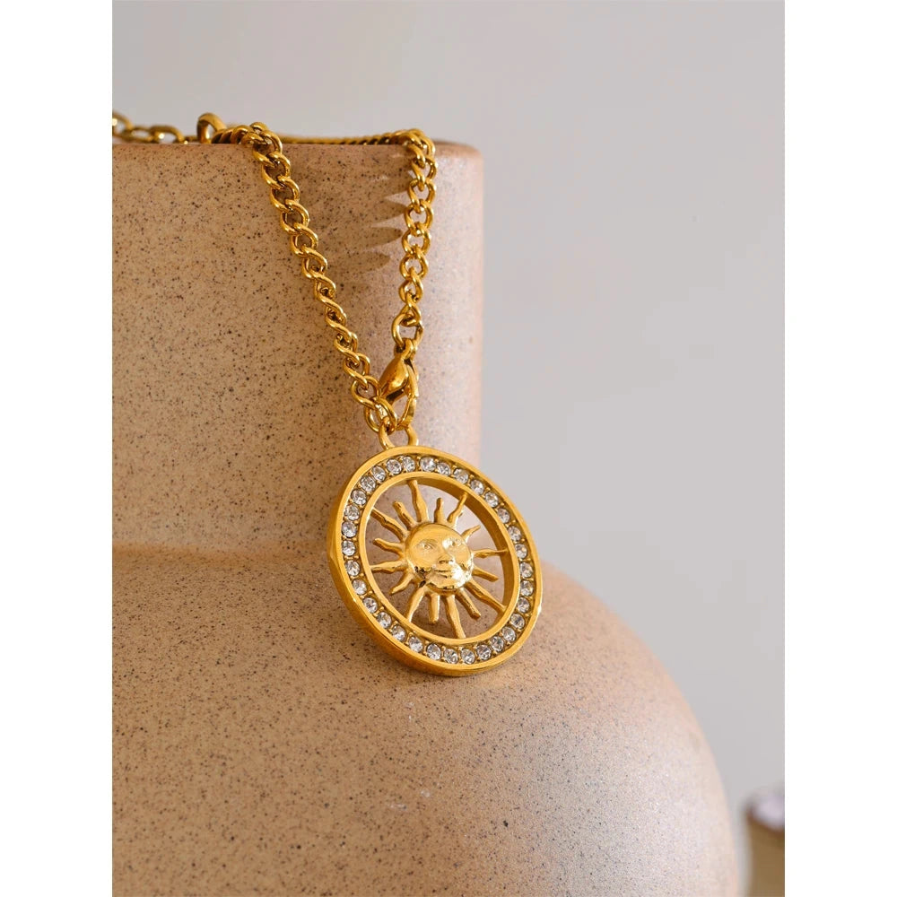 Hot Style Zirconia Round Sun Hollow Pendant Necklace 18K Gold Color Stainless Steel Exquisite Premium Jewelry Gift by PoisedMe