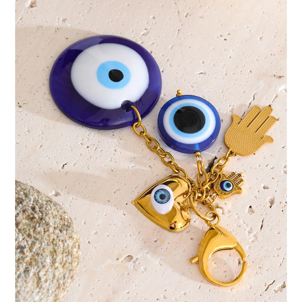 Stylish Unique Blue Resin Round Eye Palm Chain Pendant keychain 18K Golden Plated Stainless Steel Decoration Jewelry by PoisedMe
