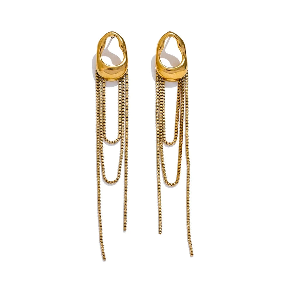 Gold-tone 316L stainless steel geometric tassel chain drop earrings for women, waterproof.