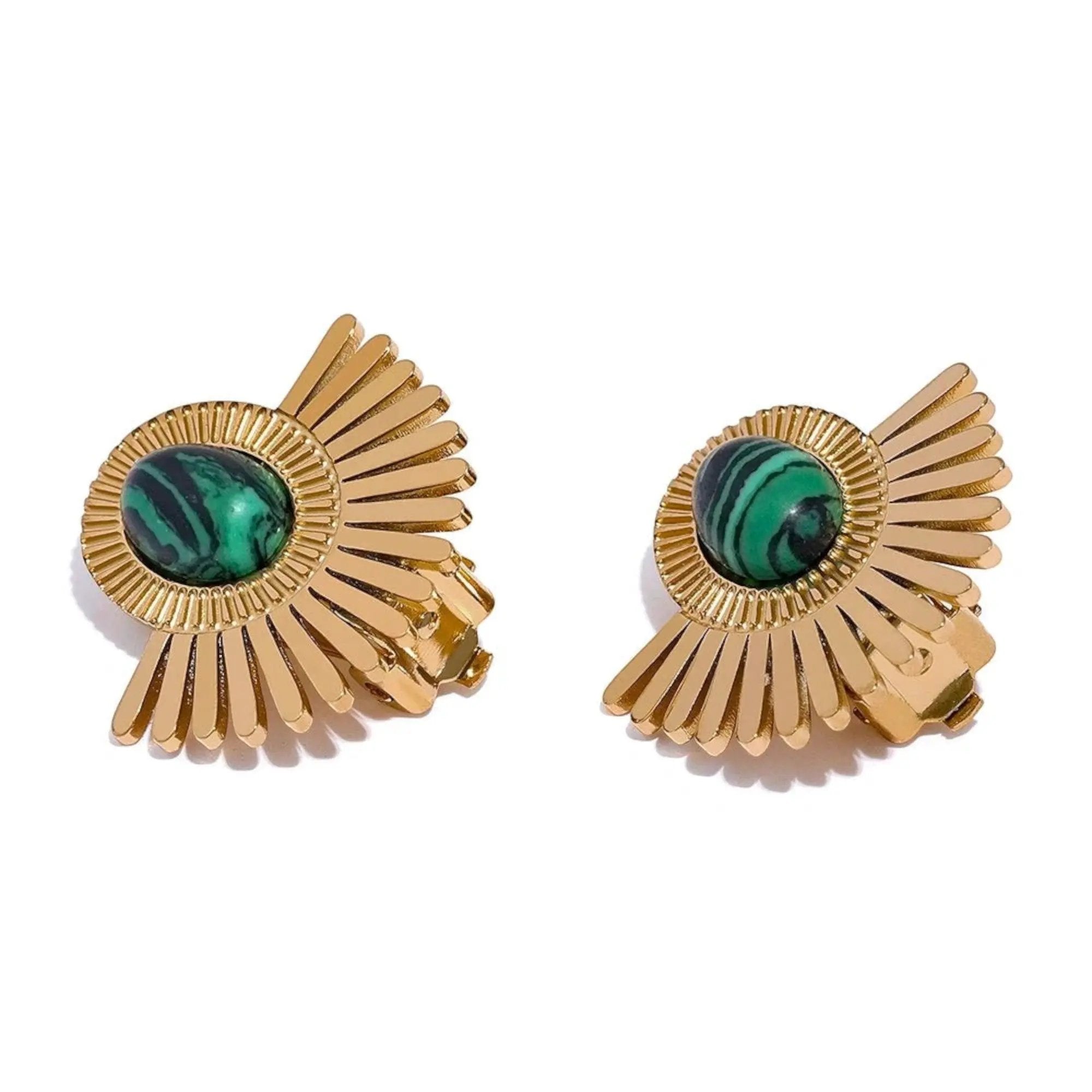 PoisedMe Gold Tone Sunburst Clip Earrings With Green Malachite Stone Statement Jewelry - Earrings