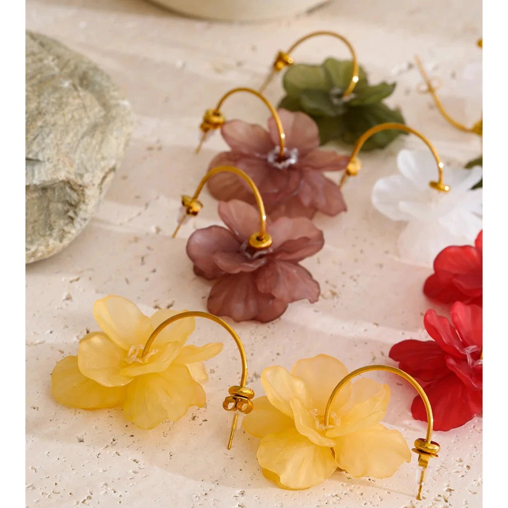 PoisedMe Yhpup Stainless Steel Resin Acrylic Flower Petal Drop Charms Earrings Green Yellow Purple Red White Multi-Color Trendy Jewelry -