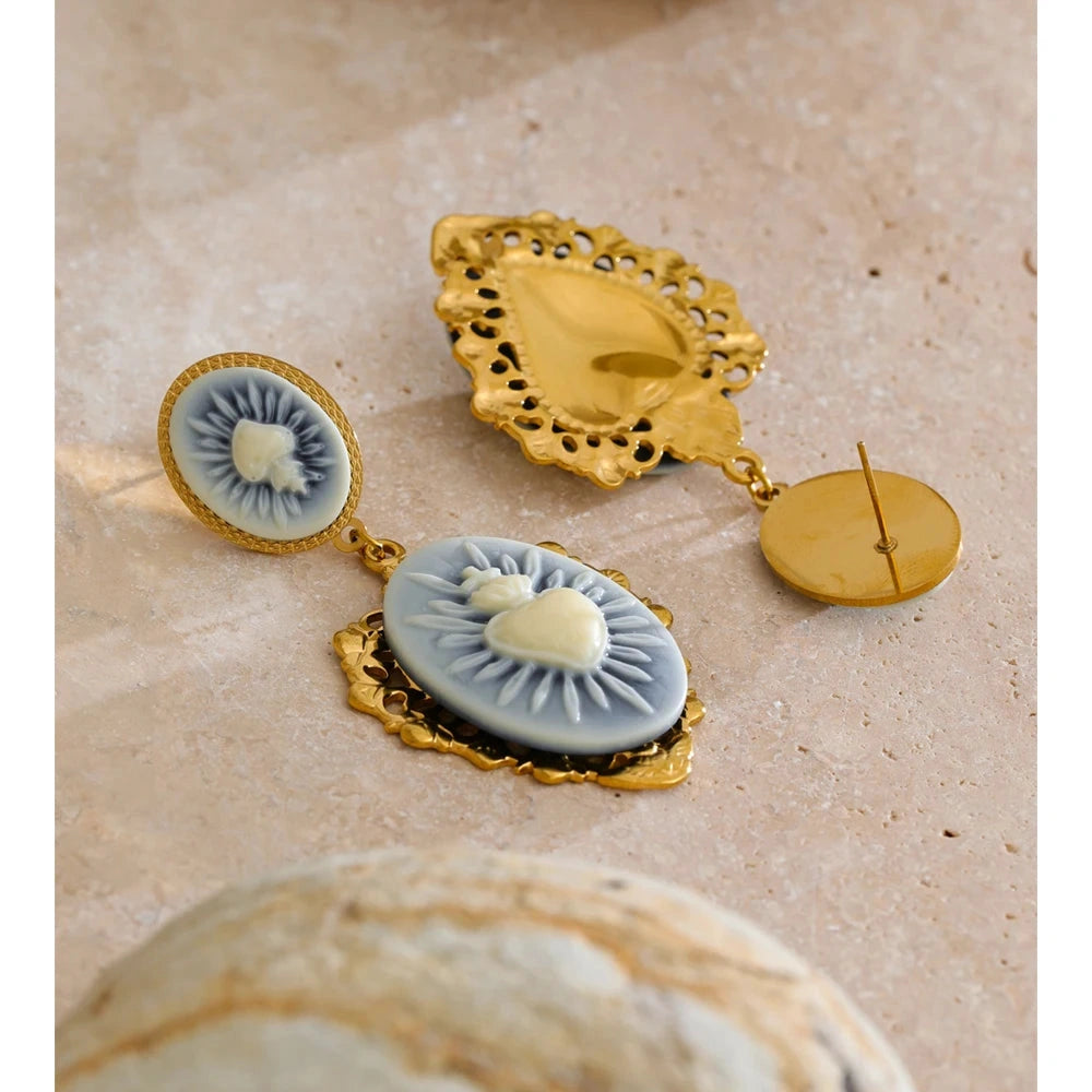 French Style Resin Heart Flower Drop Dangle Palace Earrings for Women Stainless Steel Fashion Vintage Jewelry Waterproof by PoisedMe