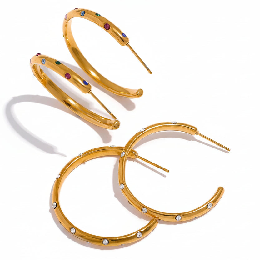 Stainless Steel Round Circle Big Hoop Earrings Delicate Cubic Zirconia Fashion PVD-18k-Plated Geometric Golden Earrings by PoisedMe