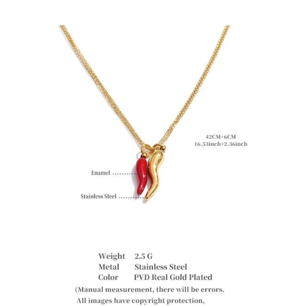 Poised Me Enamel Red Chili Pepper Necklace Pendant Gold Plated Stainless Steel PVD Jewelry - Necklaces