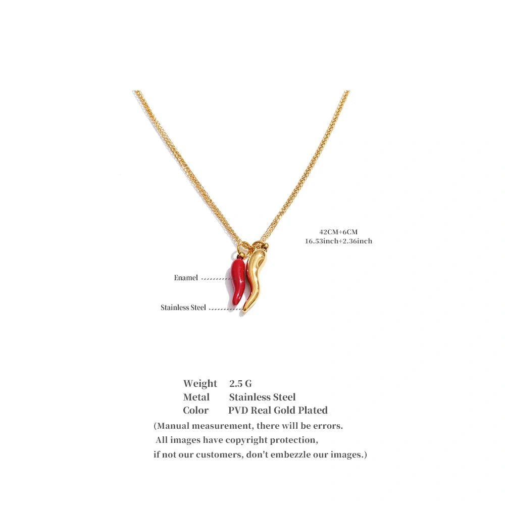 PoisedMe Yhpup Stainless Steel Enamel Red Chili Necklace Pendant Stylish Unique Chic Collar Jewelry Gold & Platinum PVD Plated Waterproof -
