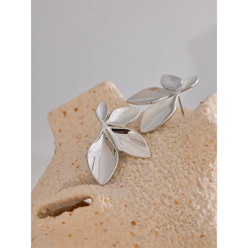 Fashion Stainless Steel Leaves Flower Stud Earrings Bright Anti Allergy Waterproof Charm Texture High Quality Jewelry by PoisedMe