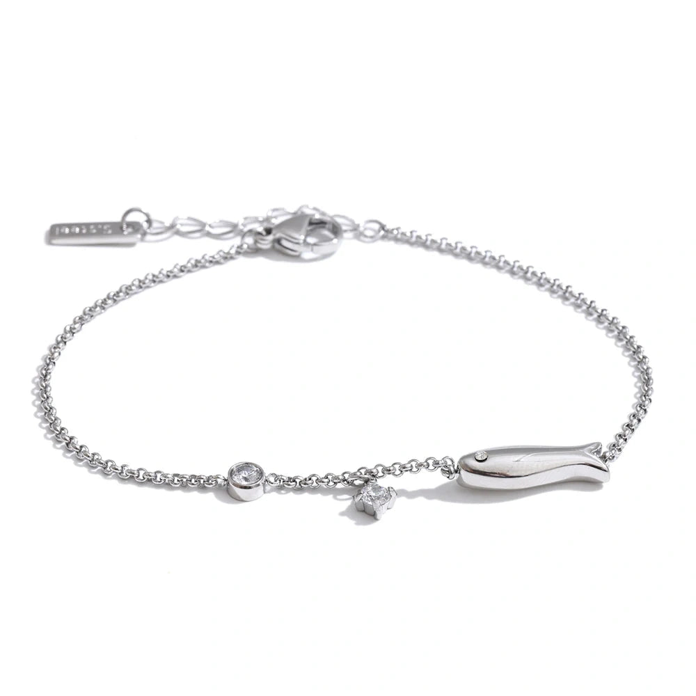 Stainless Steel Zirconia Fish Chain Bracelet Bangle Waterproof PVD Plated Ocean Series Summer Fashion Thin Jewelry by PoisedMe