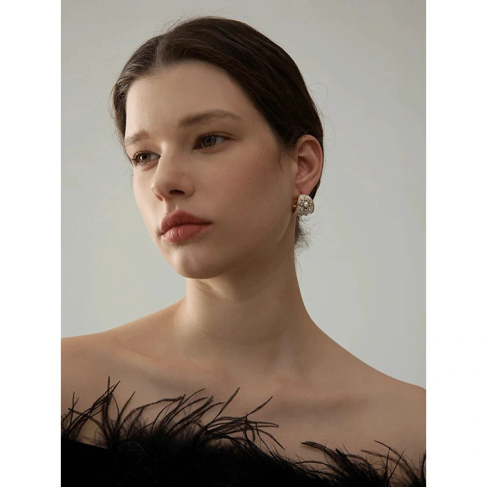 PoisedMe Exquisite Imitation Pearls White Enamel Metal Stainless Steel Flower Geometric Earrings Chic Daily Fashion Jewelry New -