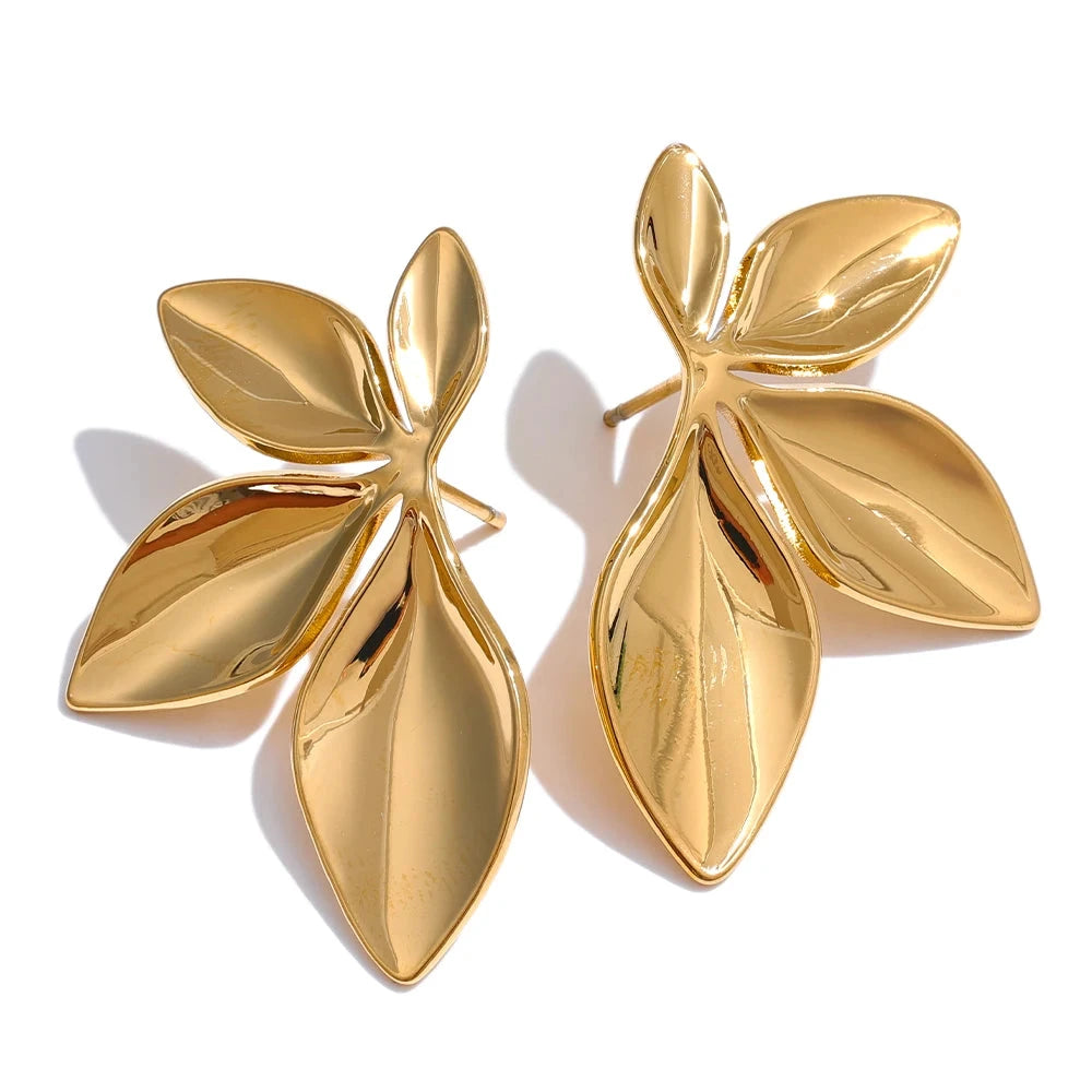 Fashion Stainless Steel Leaves Flower Stud Earrings Bright Anti Allergy Waterproof Charm Texture High Quality Jewelry by PoisedMe