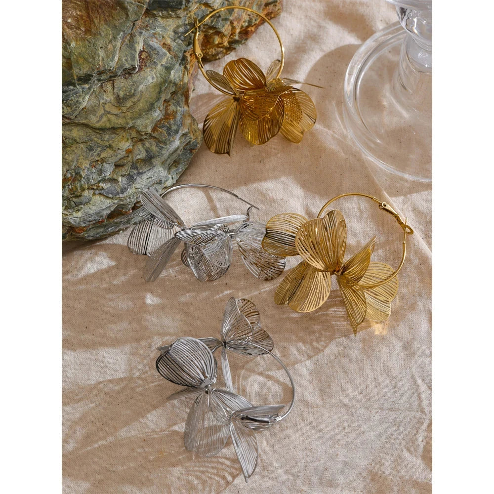 Floral Statement Hoop Earrings – Large 3D Petal Design | Waterproof Gold &amp; Silver Stainless Steel Jewelry for Women by PoisedMe