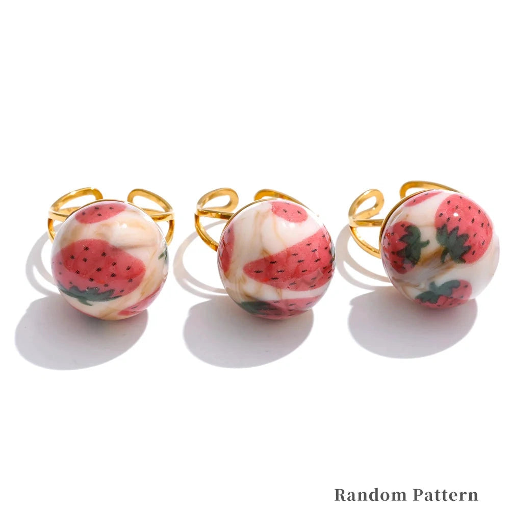 Candy Enamel Round Strawberry Pineapple Cherry Open Ring Adjustable Stainless Steel Exquisite Fashion Jewelry by PoisedMe