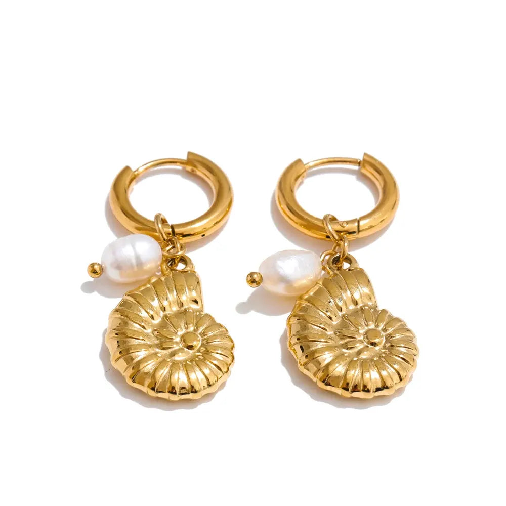 PoisedMe Ocean Style Natural Pearl Conch Shell Starfish Drop Summer Hoop Earrings for Women Stainless Steel Holiday Daily Jewelry -