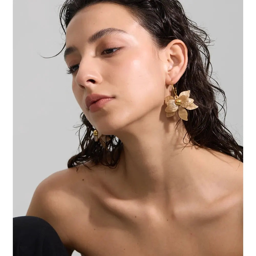 PoisedMe Mutil-color Acrylic Flower Petal Drop Earrings Stainless Steel Golden Young Charming Jewelry Waterproof -