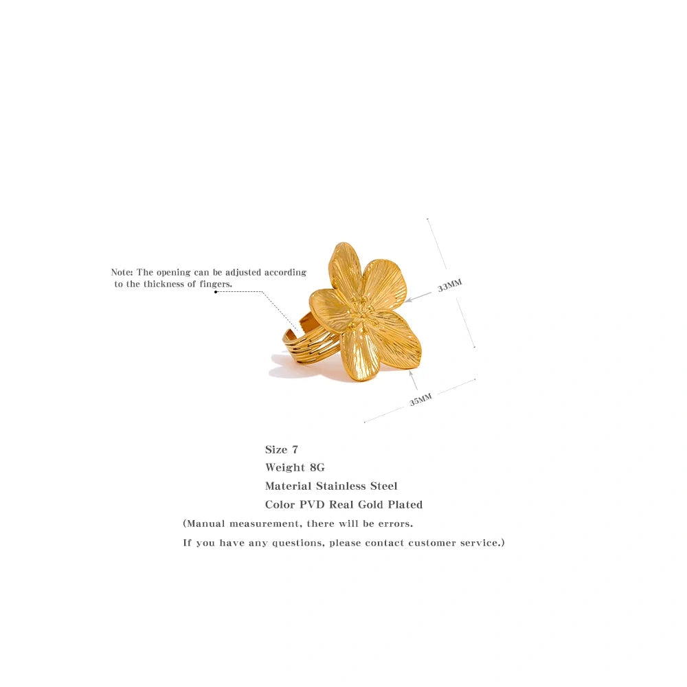 Waterproof 18K Gold Color Stainless Steel Flower Big Open Ring for Women Trendy Fashion Party Summer Statement Jewelry by PoisedMe