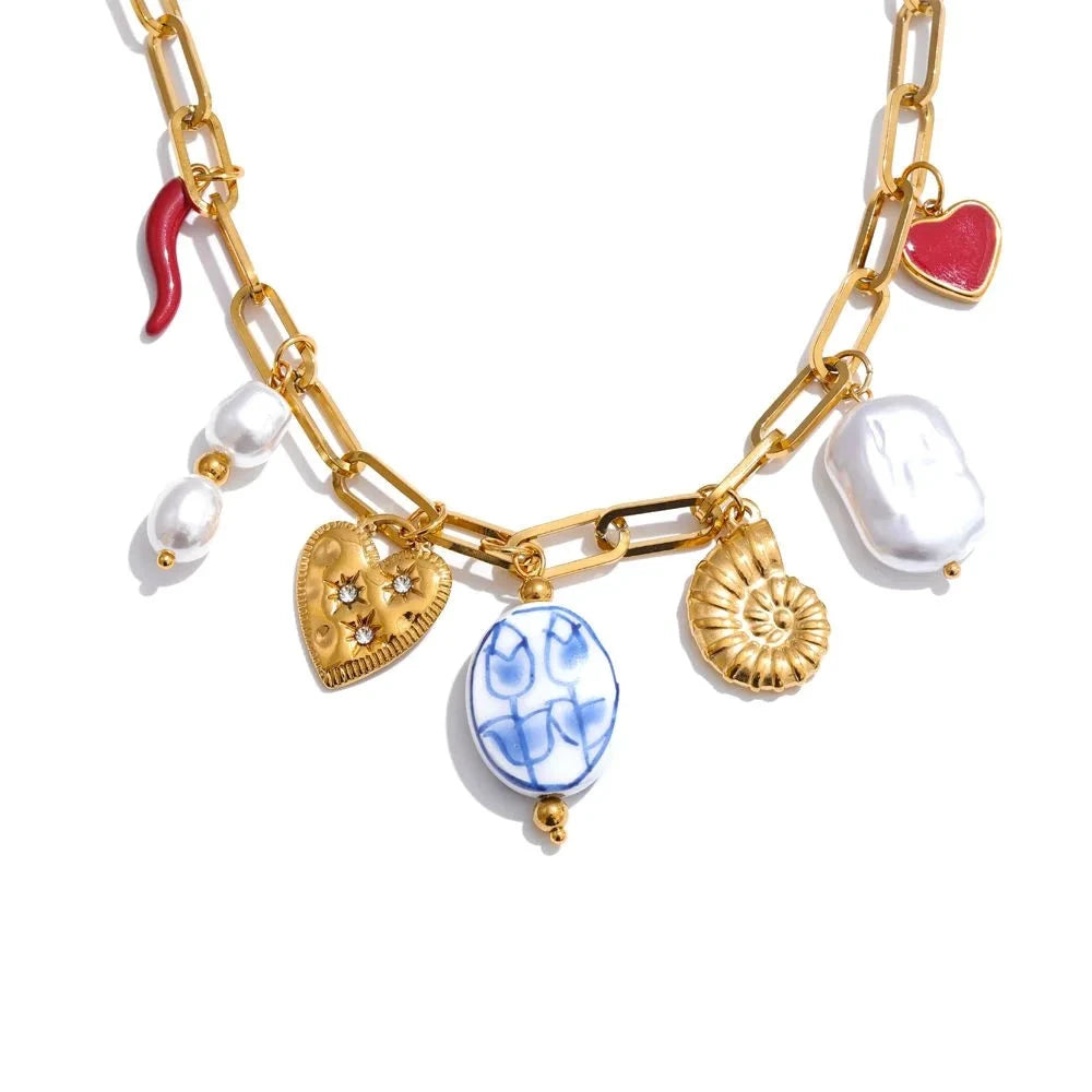 Ocean Style Stainless Steel Pearl Shell Starfish Flower Chilli Drop Charm Necklace Golden Plated Handmade Holiday Jewelry by PoisedMe