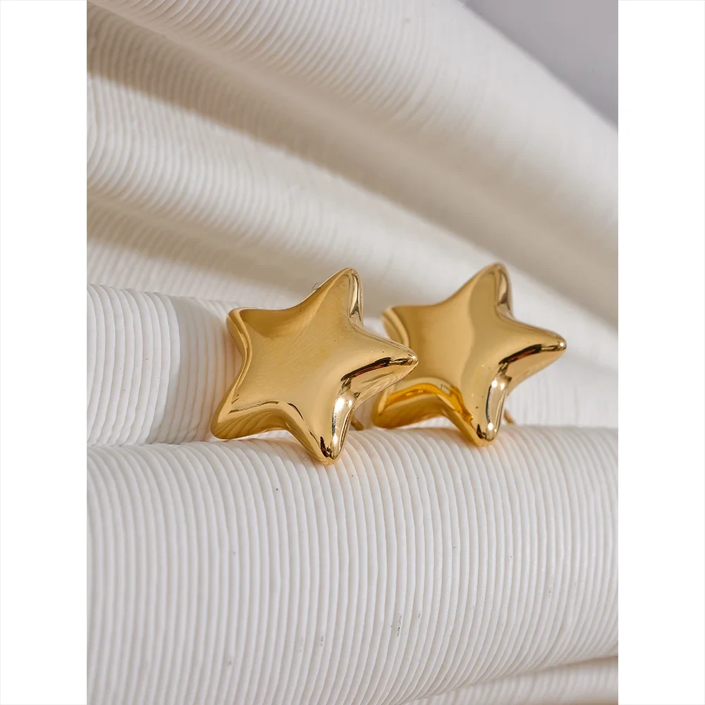 Trendy Stainless Steel Star Small Stud Earrings Metal Texture Cute 18K Gold Plated Rust Proof Jewelry Accessories Gift by PoisedMe