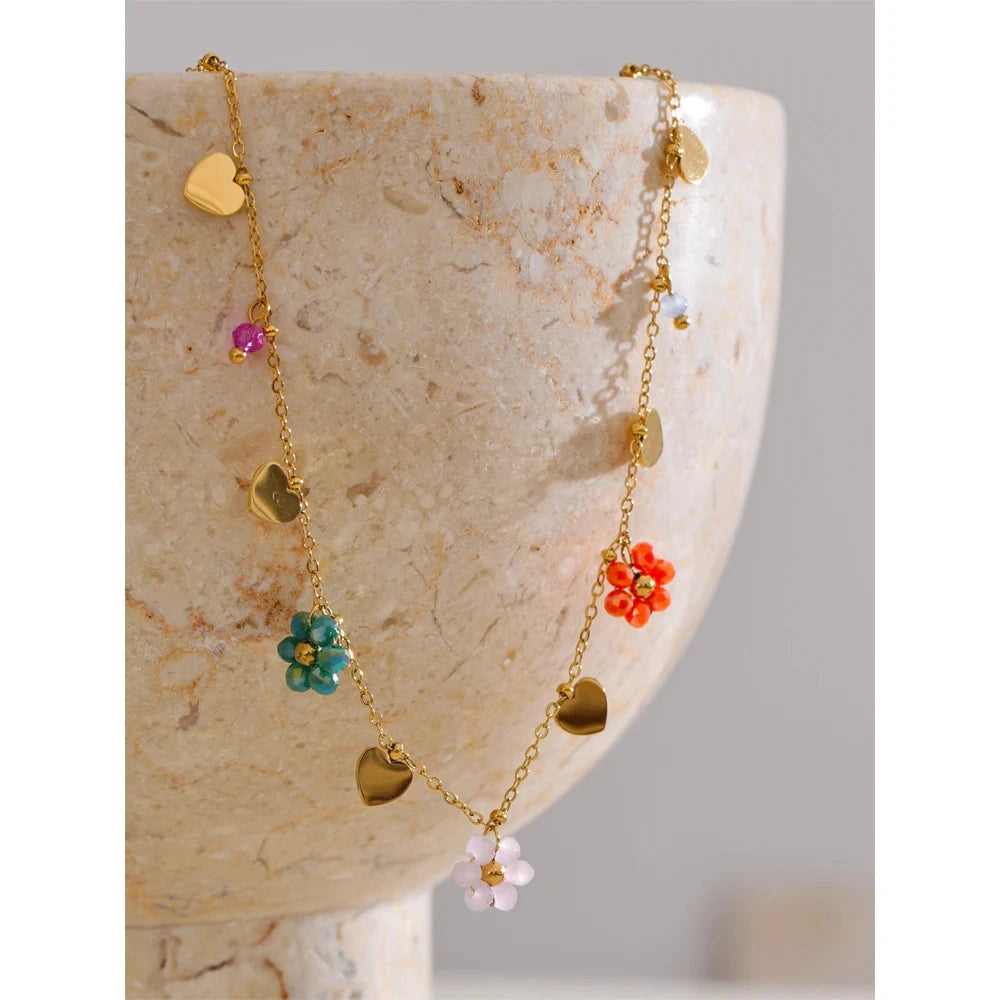 Summer Fashion Crystal Flower Pendant Necklace for Women Stainless Steel Handmade Cute Collar Jewelry 2025 Waterproof by PoisedMe