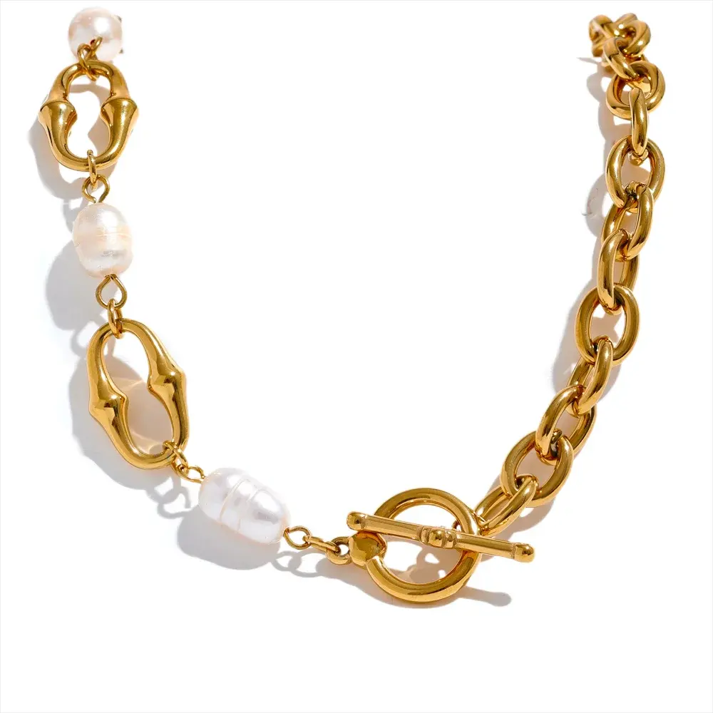 PoisedMe High-Grade Natural Freshwater Pearls Metal Chain Fashion Necklace Trendy 18K PVD Plated Attractive Women Jewelry Gift -