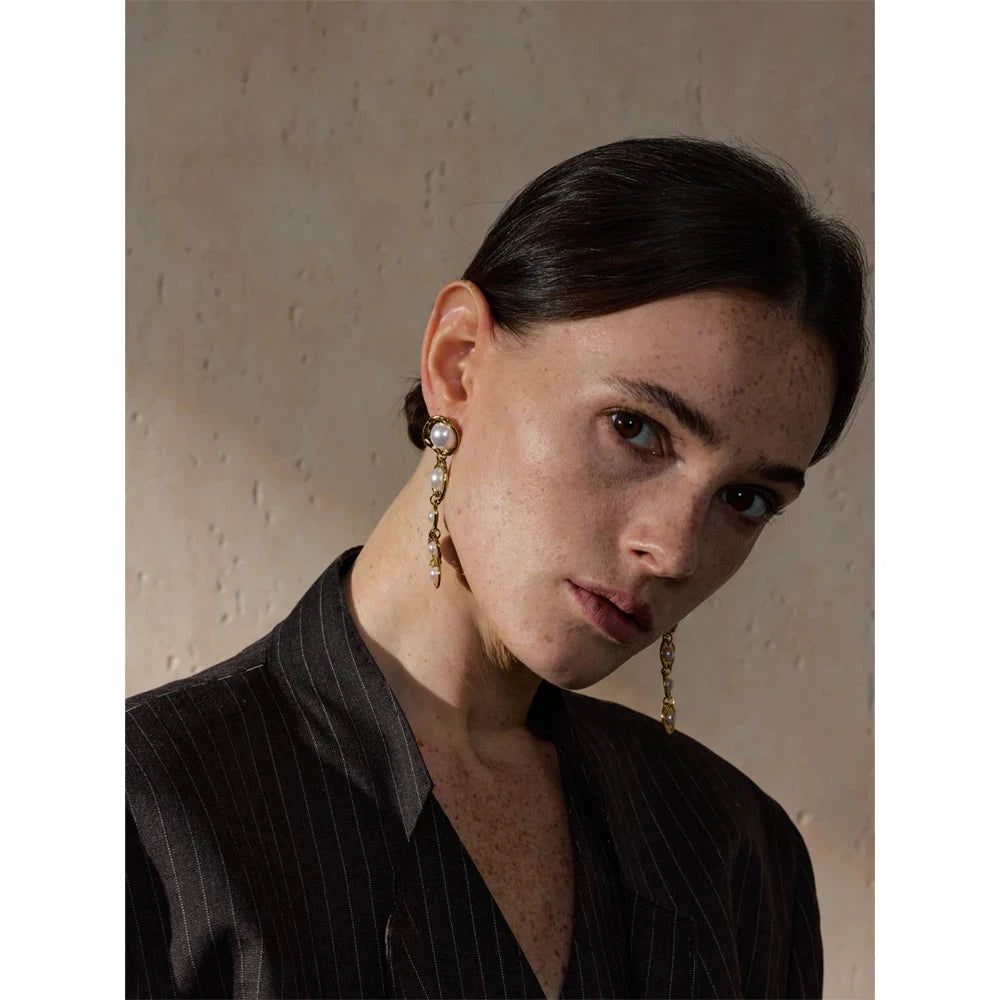 Stainless Steel Simulated Pearl Earrings Golden Long Drop Hypoallergenic by PoisedMe