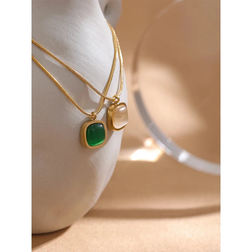 Square Green Opal Stone Pendant Drop Dangle Necklace for Women Charm Jewelry Minimalist Geometric Stainless Steel Necklace by PoisedMe