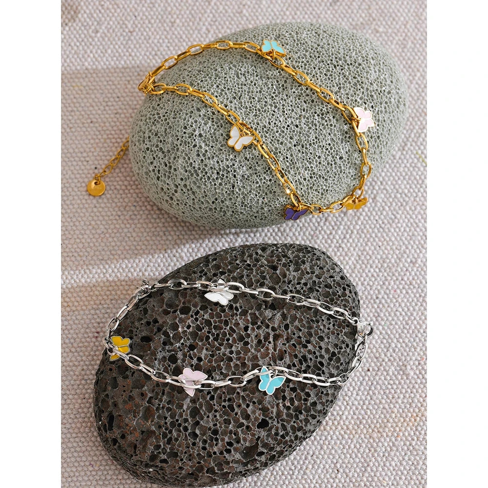 PoisedMe Summer Stainless Steel Enamel Butterfly Drop Chain Anklet for Women Waterproof 18K PVD Plated Fashion Jewelry -