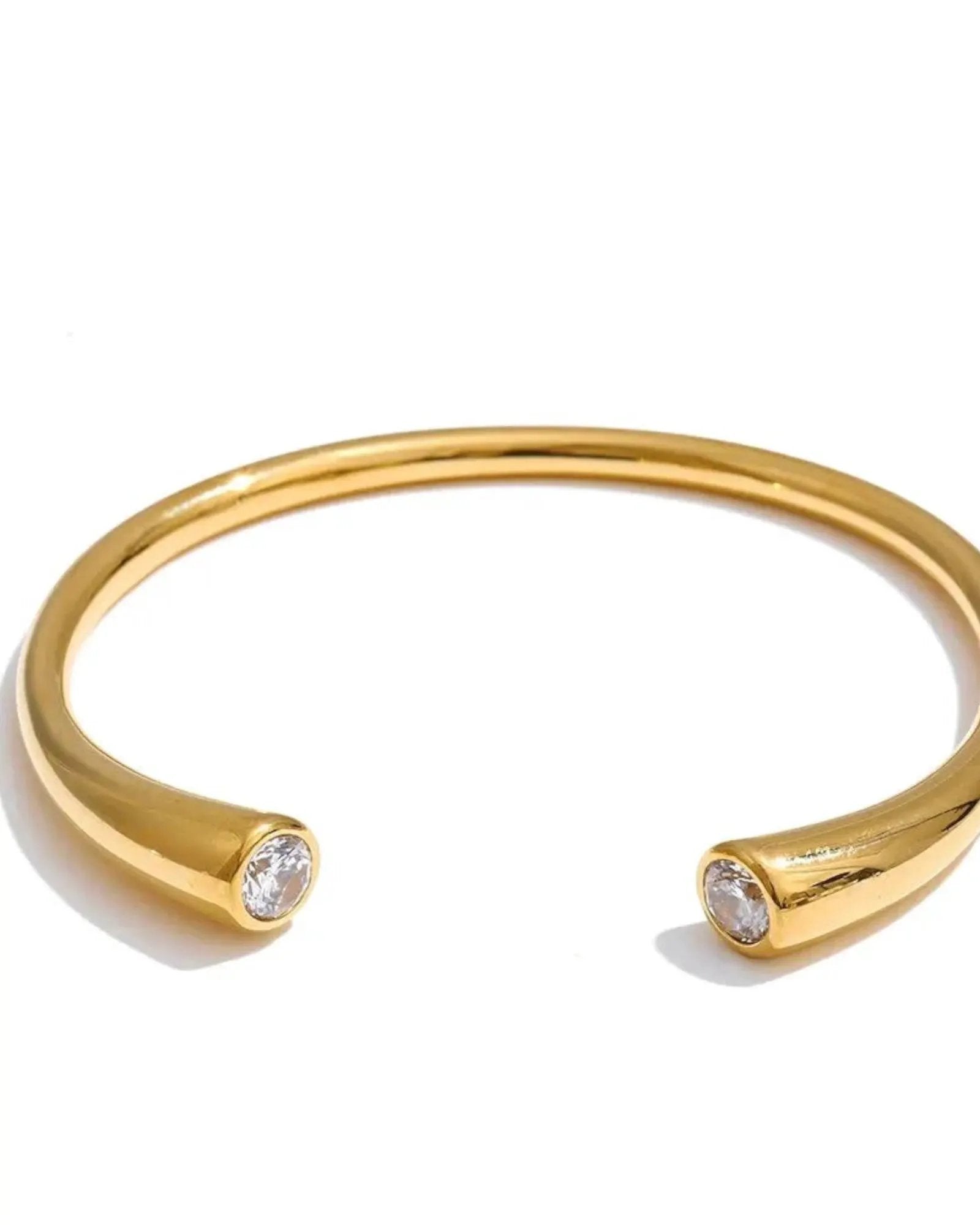 Cubic Zirconia 18K Gold PVD Plated Stainless Steel Open Cuff 60mm Bracelet For Women by Poised Me Jewelry Studio