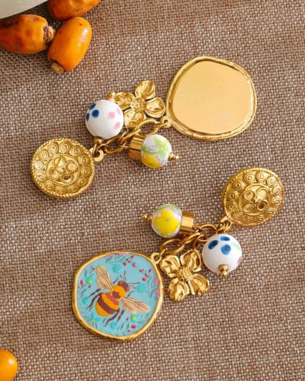 Ceramic Flower Honeybee Drop 18K Gold PVD Plated Stainless Steel Earrings by Poised Me Jewelry Studio