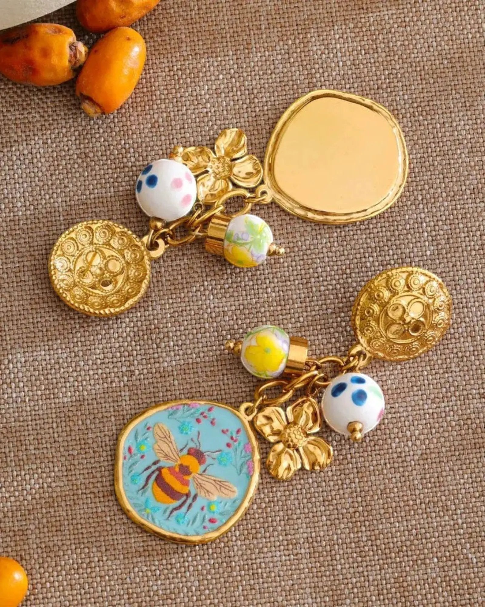 Ceramic Flower Honeybee Drop 18K Gold PVD Plated Stainless Steel Earrings by Poised Me Jewelry Studio