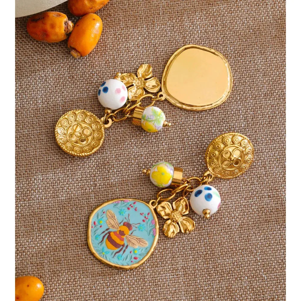 PoisedMe Stainless Steel Ceramic Flower Honeybee Drop Earrings Design Trending Charm Aesthetic Jewelry Gift -