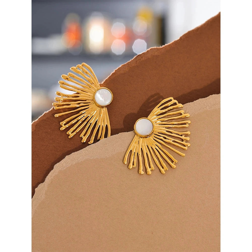 PoisedMe Yhpup Stainless Steel Charm Hyperbole Stud Earrings with Natural Shell Fashion Big Ear Jewelry Accessories Waterproof for Women -