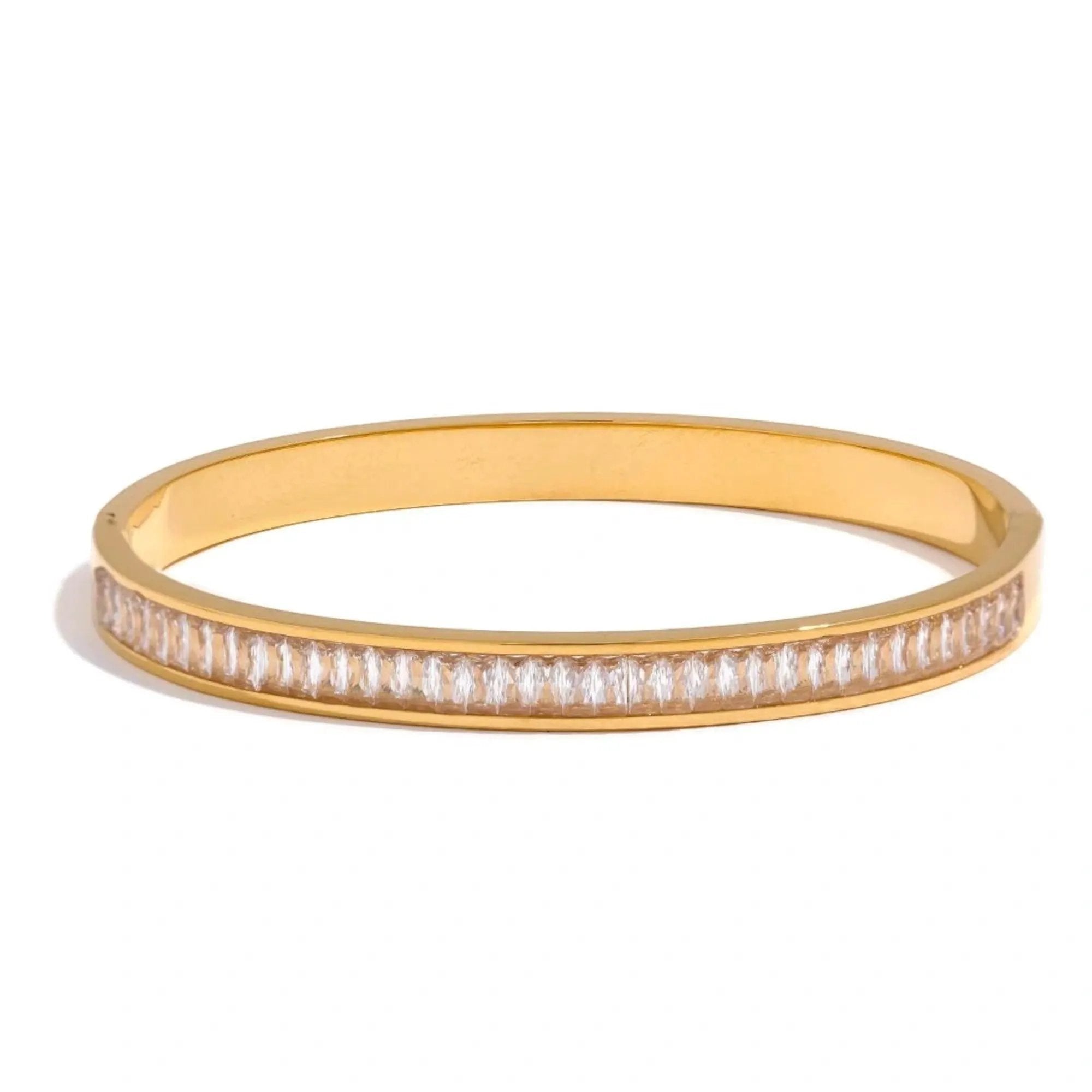 PoisedMe Emerald Green Cubic Zirconia Bangle Bracelet For Women 18K Gold Plated Steel - Bracelets