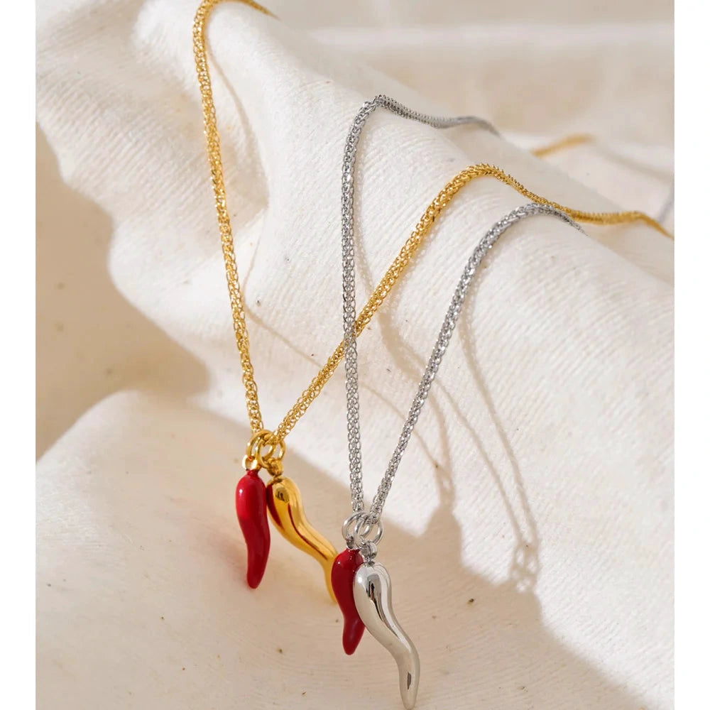 PoisedMe Yhpup Stainless Steel Enamel Red Chili Necklace Pendant Stylish Unique Chic Collar Jewelry Gold & Platinum PVD Plated Waterproof -