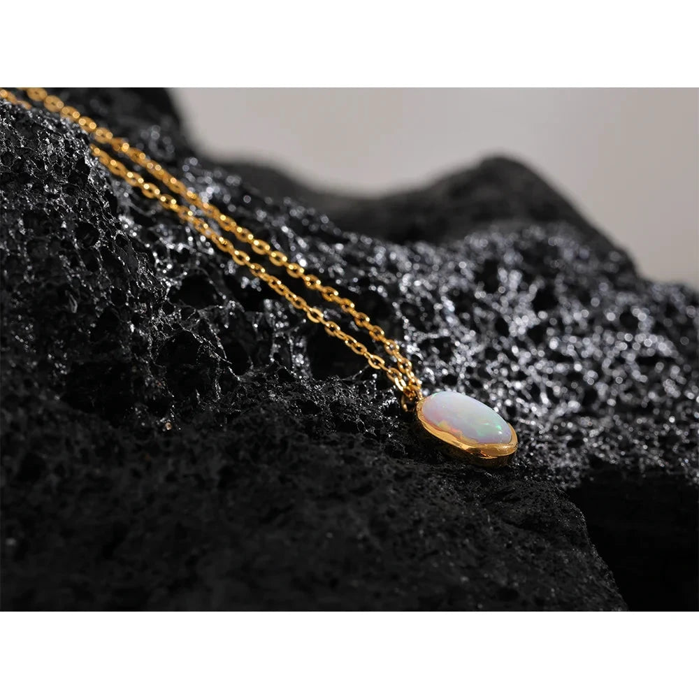 Exquisite Stylish Processed Opal Stone Minimalist Small Chic Pendant Necklace 18k Gold Plated Jewelry for Women Gift by PoisedMe