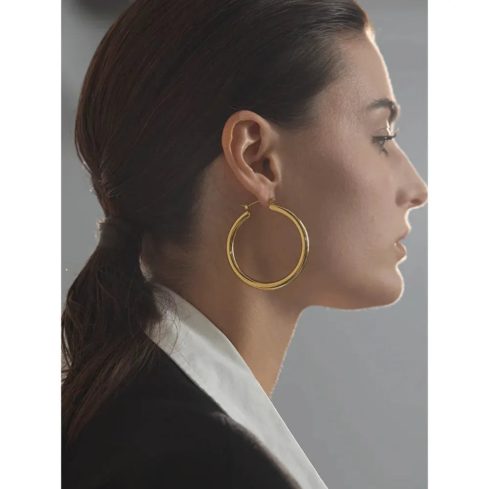 PoisedMe Minimalistic Big Sleek Metal Round Hollow Hoop Earrings Anti Allergic 316L Stainless Steel Trendy Simple Ear Jewelry -