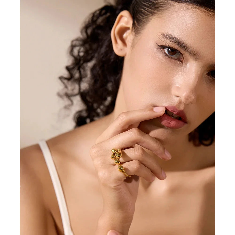 Stainless Steel Ring For Women Waterproof Gold Silver Color Texture Jewelry Gift by PoisedMe