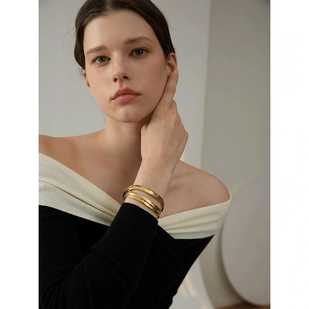 60mm Waterproof 316L Stainless Steel Round Smooth Bracelet Bangle Women Minimalist 18k Gold Color Texture Charm Jewelry by PoisedMe