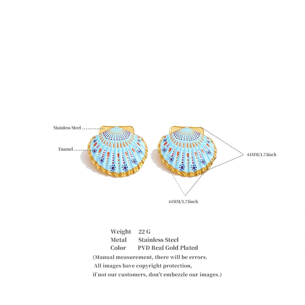 Ocean Style Stainless Steel Enamel Y2K Metal Shell Big Stud Earrings for Women Summer Statement Jewelry 2026 PVD Plated by PoisedMe