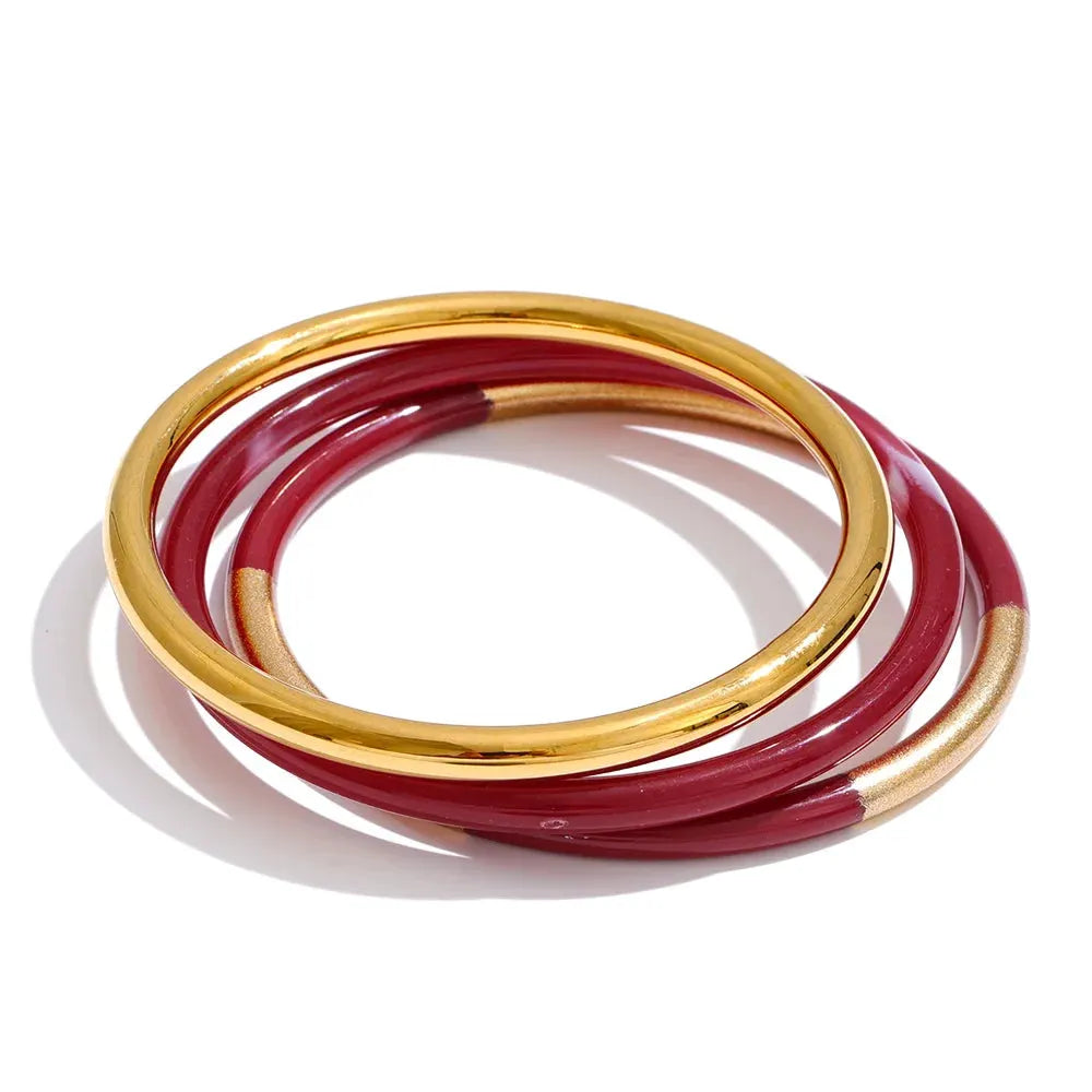 PoisedMe 1Set 65mm 3 Round Circle Resin Overlay Minimalist Bracelet Bangle Set 18K Gold Plated Stainless Steel Wrist Trend Jewelry -