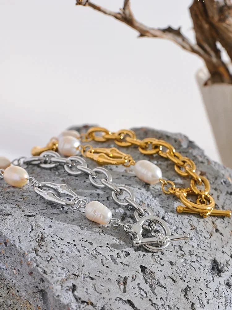 316l Stainless Steel Natural Pearl Chain Toggle-Clasps Bracelet Bangle for Women Elegant Fashion Jewelry Bijoux Waterproof by PoisedMe