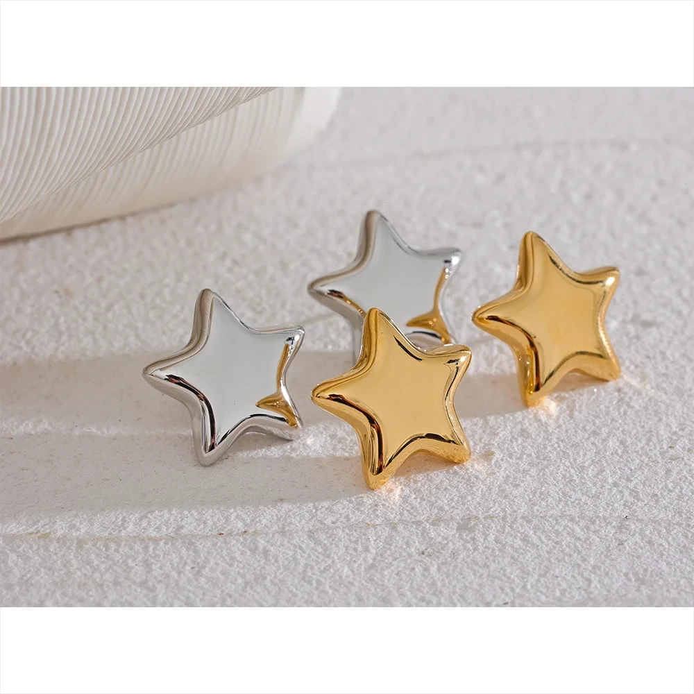 Trendy Stainless Steel Star Small Stud Earrings Metal Texture Cute 18K Gold Plated Rust Proof Jewelry Accessories Gift by PoisedMe