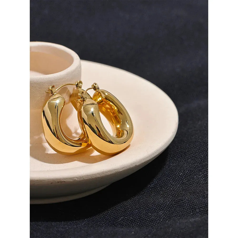 PoisedMe High Quality Stainless Steel Round Geometric Chunky Hoops Earrings for Women Charm Metal Simple Fashion Jewelry Waterproof -