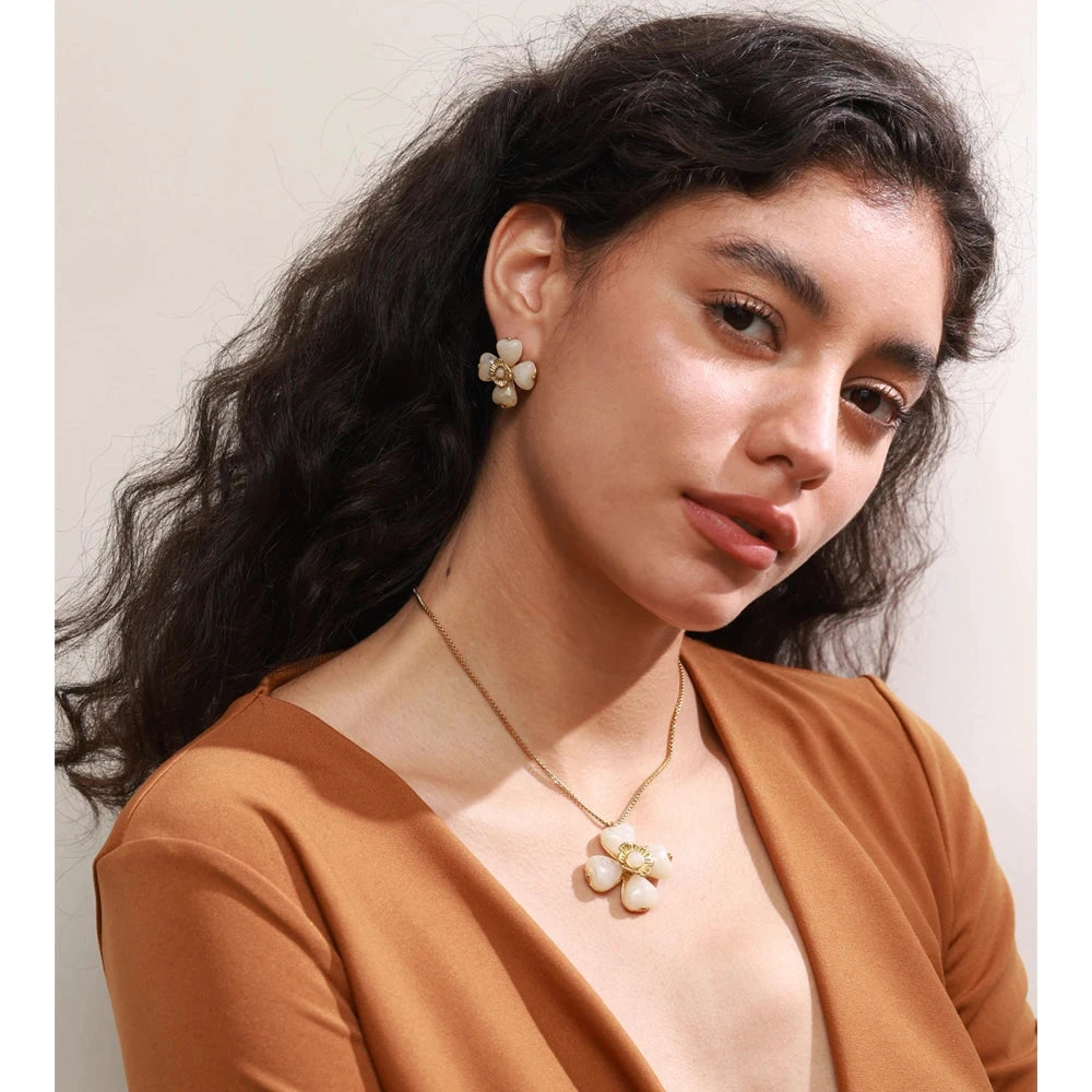 Acrylic Fashion Flower Pendant Necklace Adjustable Ring Earrings Set Stainless Steel Trendy Jewelry Gift Multi-color by PoisedMe