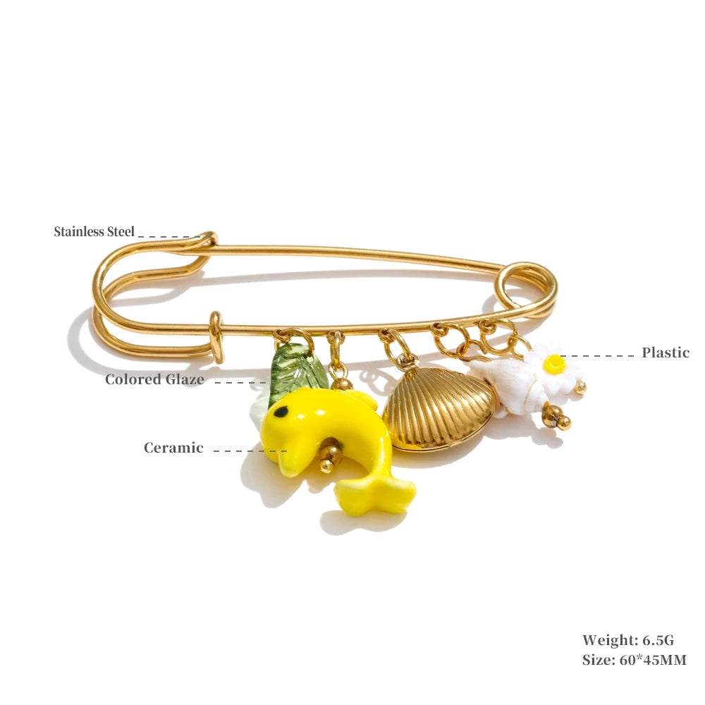 1Pcs Fashion Plastic Strawberry Fruit Heart Flower Shell Drop Charm Clasp Pin 18K Golden Plated Stainless Steel Jewelry by PoisedMe