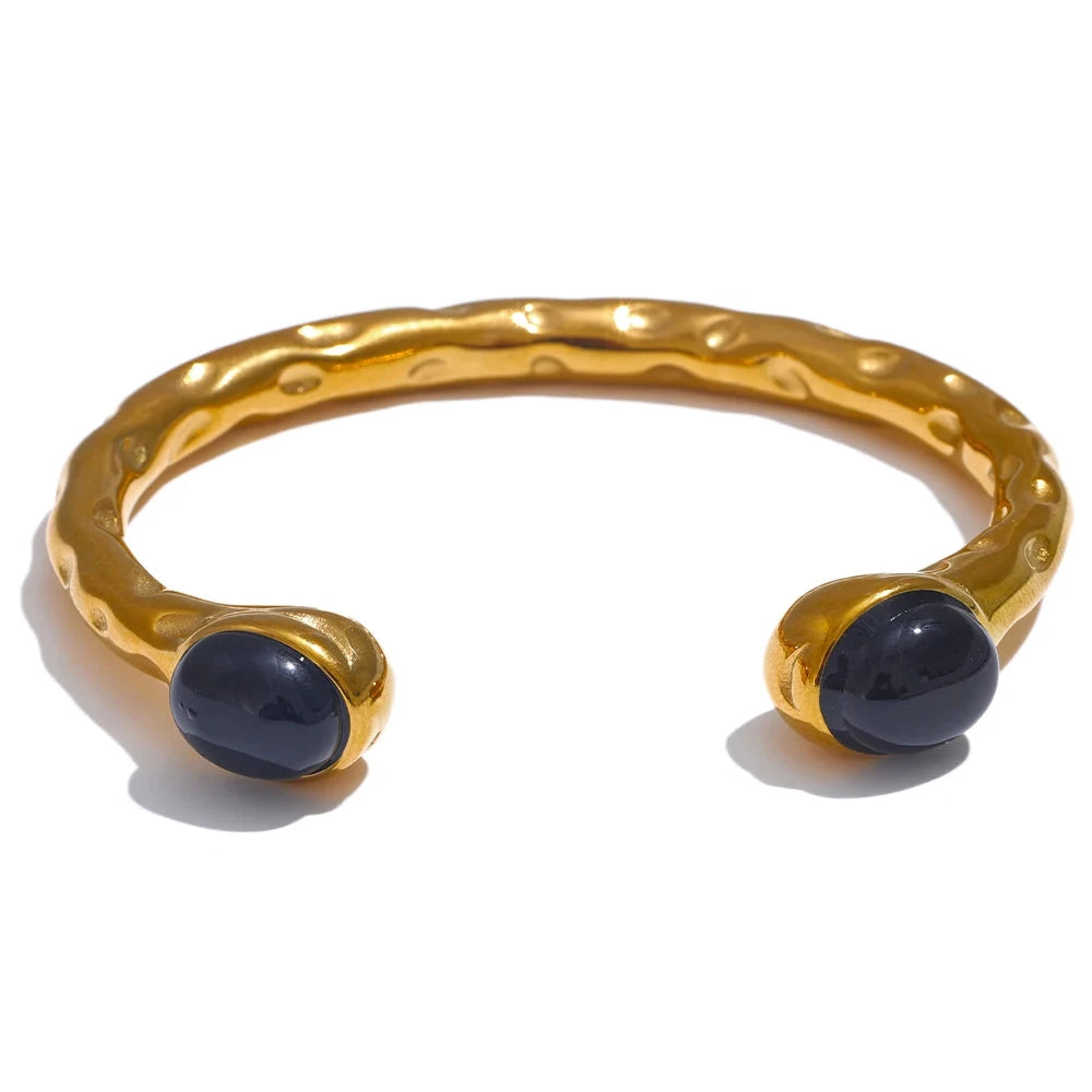 62mm High Quality Stainless Steel Multicolored Natural Stone Golden Cuff Open Bracelet Bangle Water Resistant Jewelry by PoisedMe