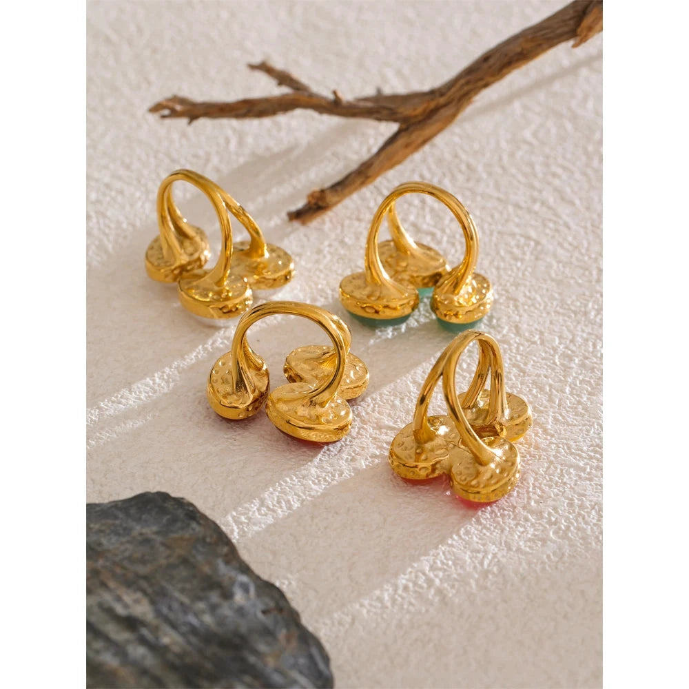 Natural Aventurine Agate Shell Pearl Flower Adjustable Stainless Steel Ring by PoisedMe